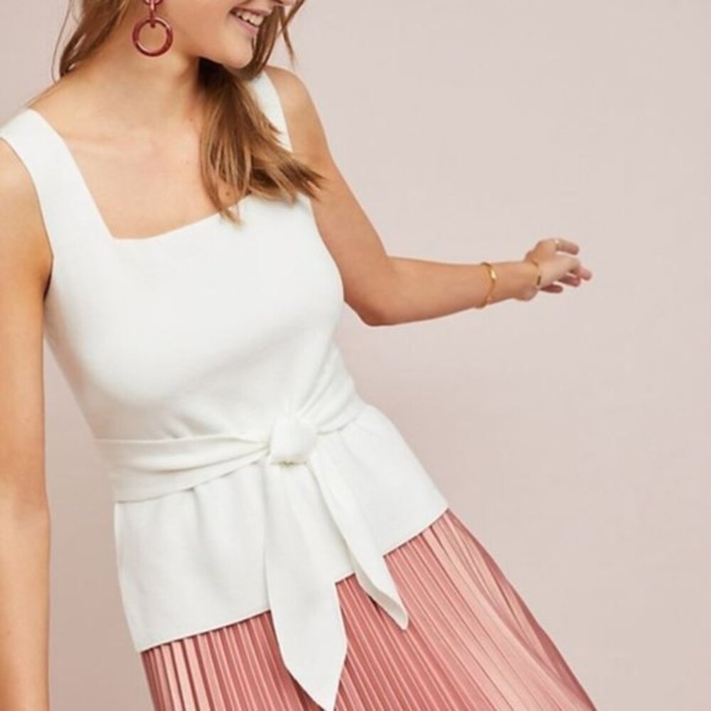 White Anthropologie Square-Neck Tie-Waist Sleeveless Pullover Knit Top (NWT)